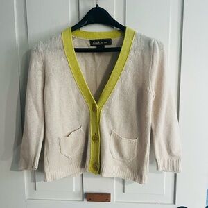 Coach Cashmere Cream Cardigan with Yellow Trim Leather Elbow Patches
